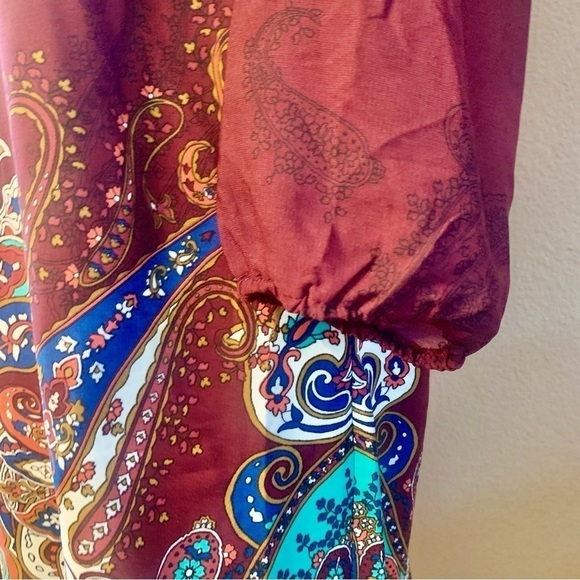 NEW Boho Dress XL BeBop Burgundy Multicolored Mandala pattern Mini Dress 1/2 Slv - Picture 8 of 16